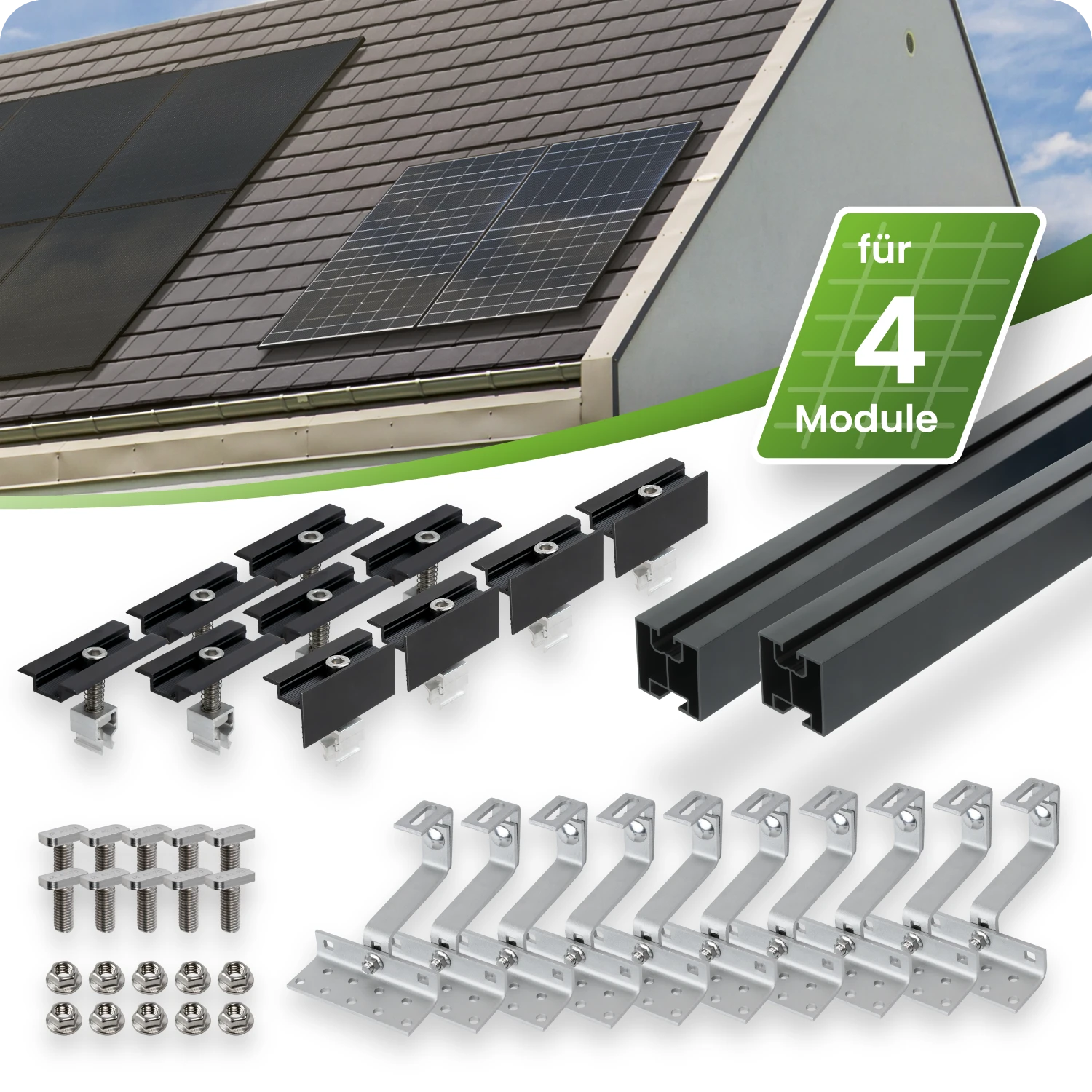 SCHWARZES Schrägdach Montageset für 4 PV-Module senkrechte Montage Photovoltaik Balkonkraftwerk